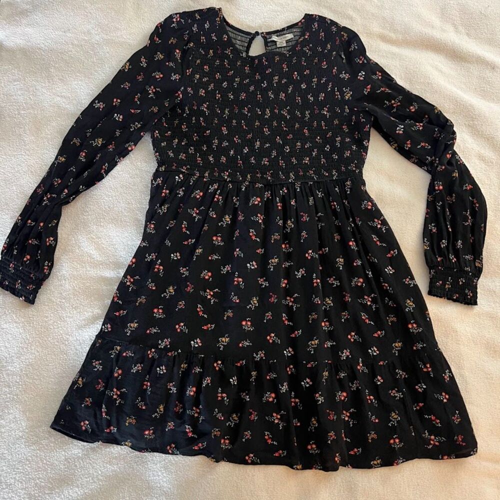 American Eagle Short Dress Black Floral Long Sleeves Keyhole Back, Size S